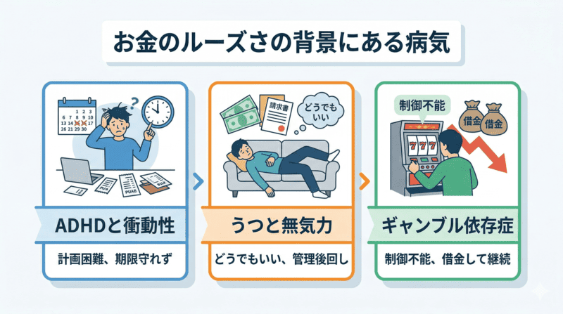 お金にだらしない背景に病気が潜む場合がある